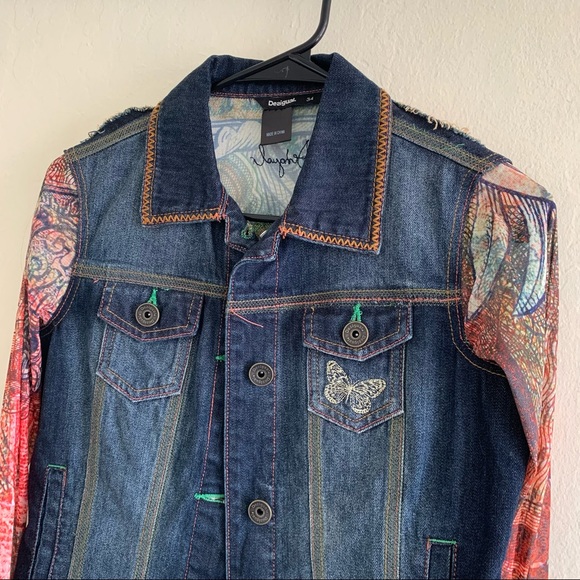 Desigual printed denim jacket with mesh sleeves XS - Picture 3 of 5